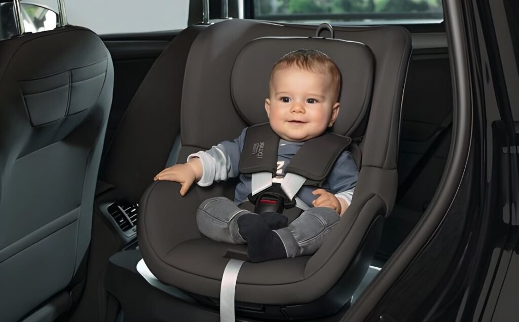 Un siège auto ISOFIX pivotant installé dans une voiture, illustrant la sécurité et la praticité pour les enfants en bas âge.