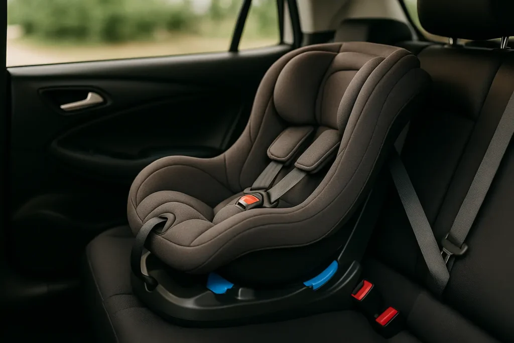 Siège auto bébé sans ISOFIX installé dans une voiture familiale en 2025