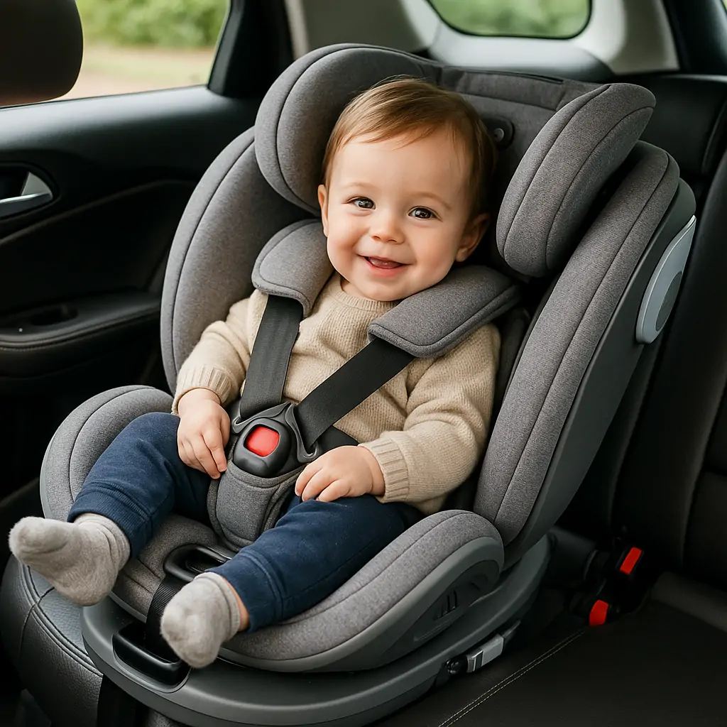 siège auto évolutif pivotant installé dans une voiture moderne avec un enfant souriant à l'intérieur