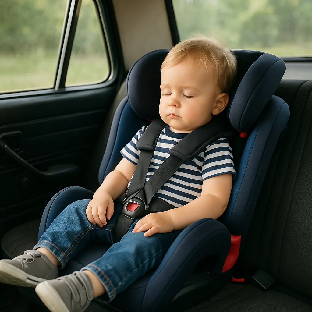 Siège auto sans Isofix installé dans une voiture ancienne, avec un enfant attaché en toute sécurité