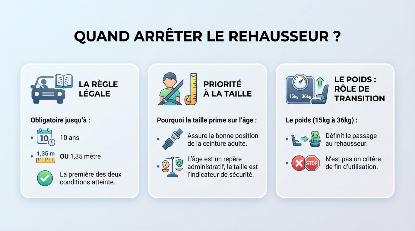 Enfant attaché correctement sur un rehausseur de voiture respectant la limite d'âge et de taille