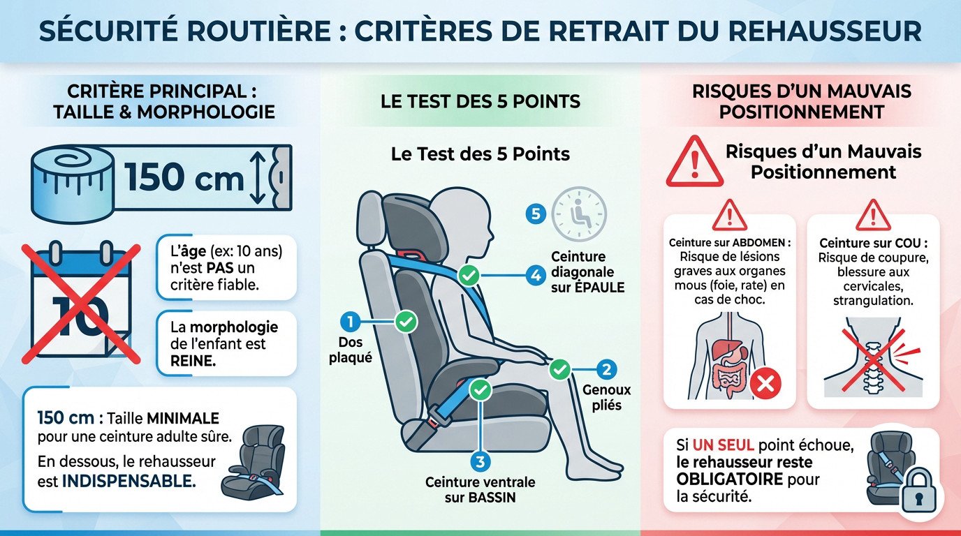 Schéma explicatif montrant le bon positionnement de la ceinture de sécurité sur un enfant avec et sans rehausseur