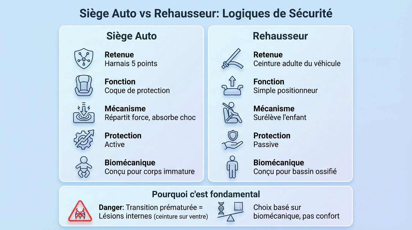 Comparaison technique entre la protection par harnais du siège auto et le positionnement ceinture du rehausseur