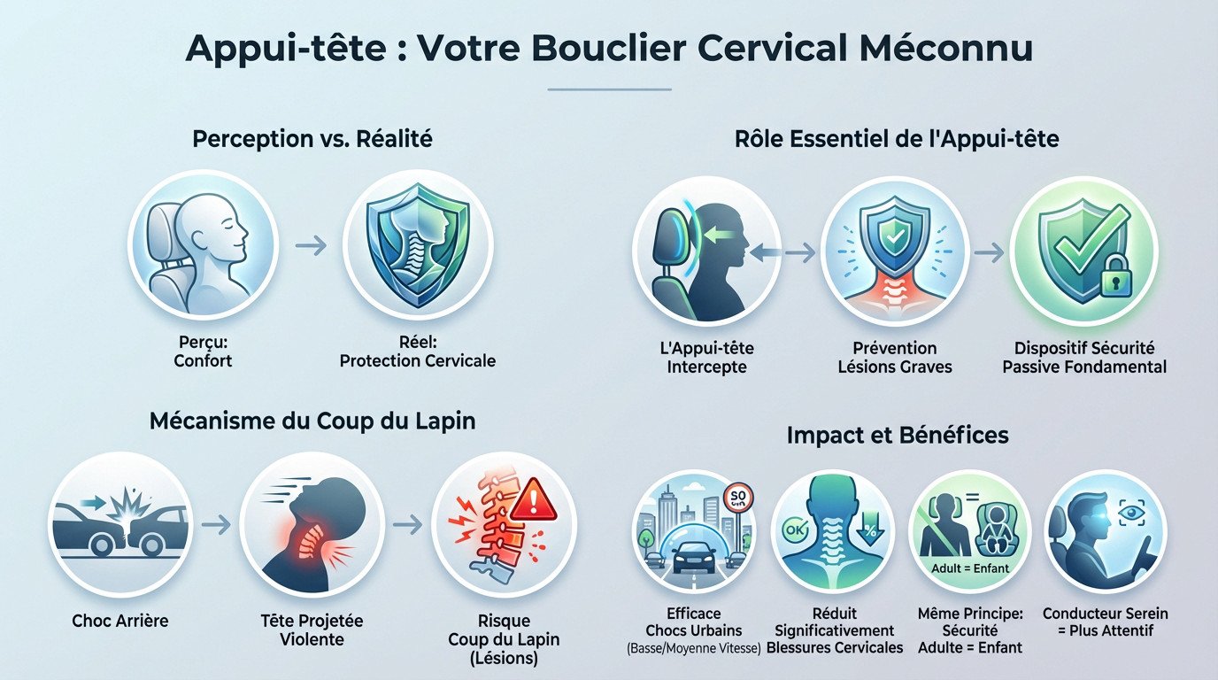 Schéma illustrant le rôle protecteur de l'appui-tête contre le coup du lapin lors d'un choc arrière