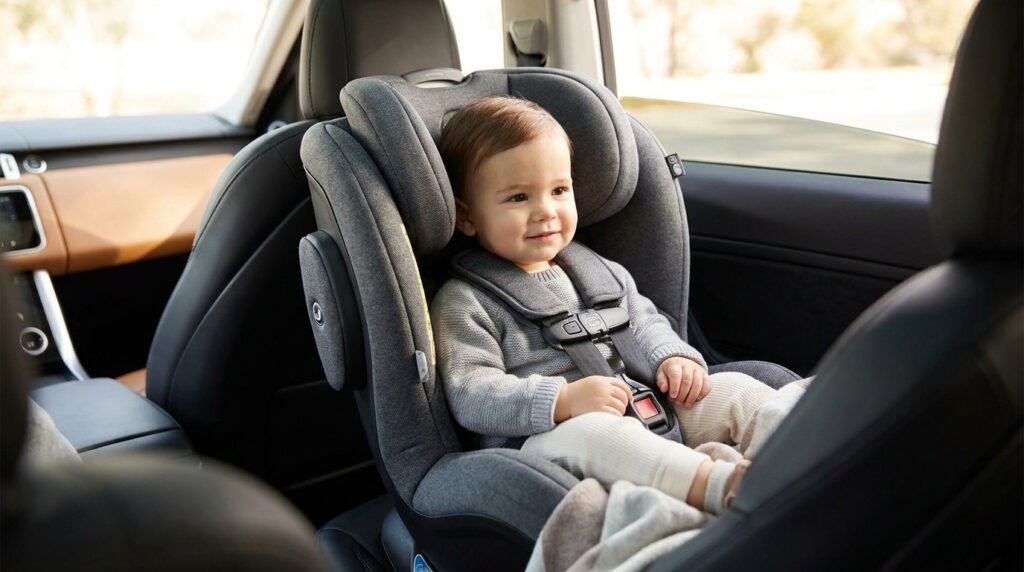 Un jeune enfant souriant est confortablement assis dans un siège auto Cybex gris installé à l'arrière d'une voiture.