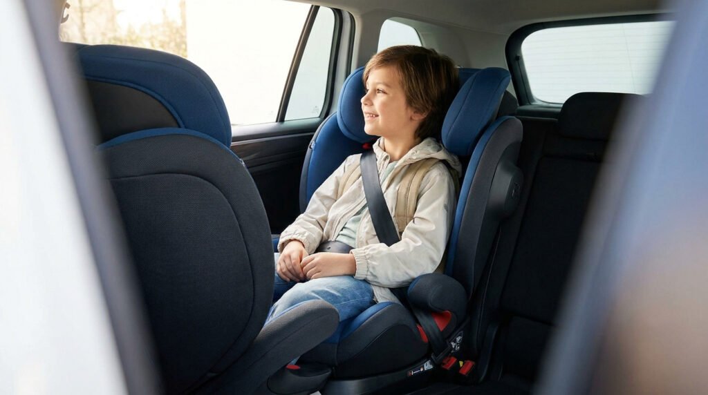 Enfant souriant confortablement installé dans un siège auto groupe 2/3 à l'arrière d'une voiture.