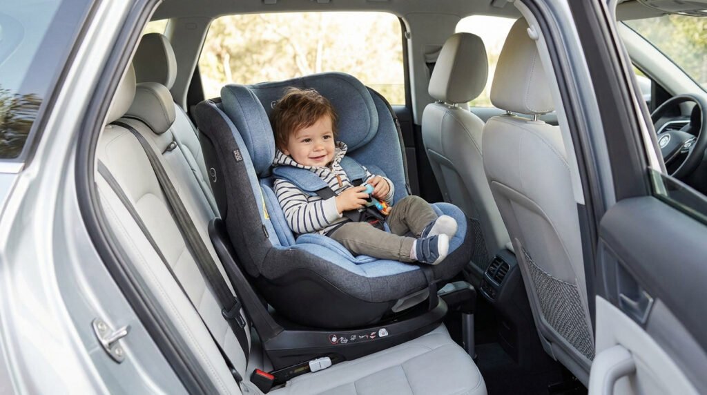 Bébé souriant installé dans un siège auto pivotant bleu à l'arrière d'une voiture.