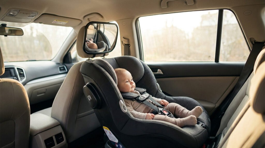 Un bébé installé dans un siège auto dos à la route, surveillé par un miroir fixé à l'appuie-tête du véhicule.