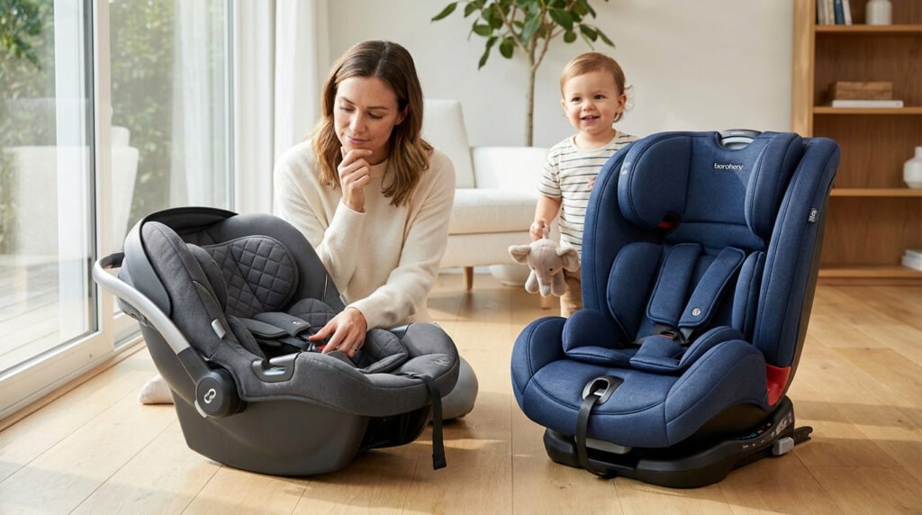 Une mère examine un siège auto bébé à côté de son enfant et d'un siège auto évolutif bleu dans un salon lumineux.