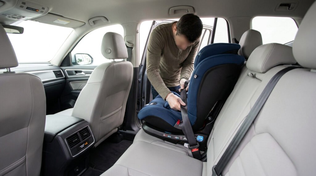 Un homme installe un siège auto bleu pour enfant sur la banquette arrière d'une voiture en utilisant la ceinture.