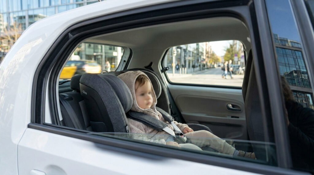 Un enfant installé dans un siège auto i-Size sécurisé, placé à l'arrière d'une voiture citadine compacte.