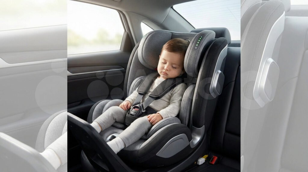 Un enfant dort confortablement dans un siège auto Cybex Anoris T i-Size installé dans une voiture.