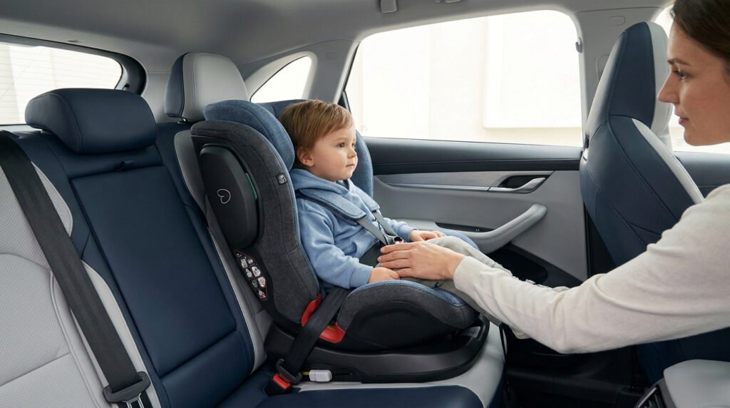 Une mère installe son jeune enfant dans un siège auto sécurisé sur la banquette arrière d'une voiture moderne.