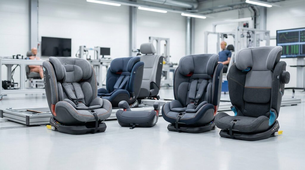 Plusieurs sièges auto pour enfants alignés dans un laboratoire de crash-tests avec des mannequins en arrière-plan.
